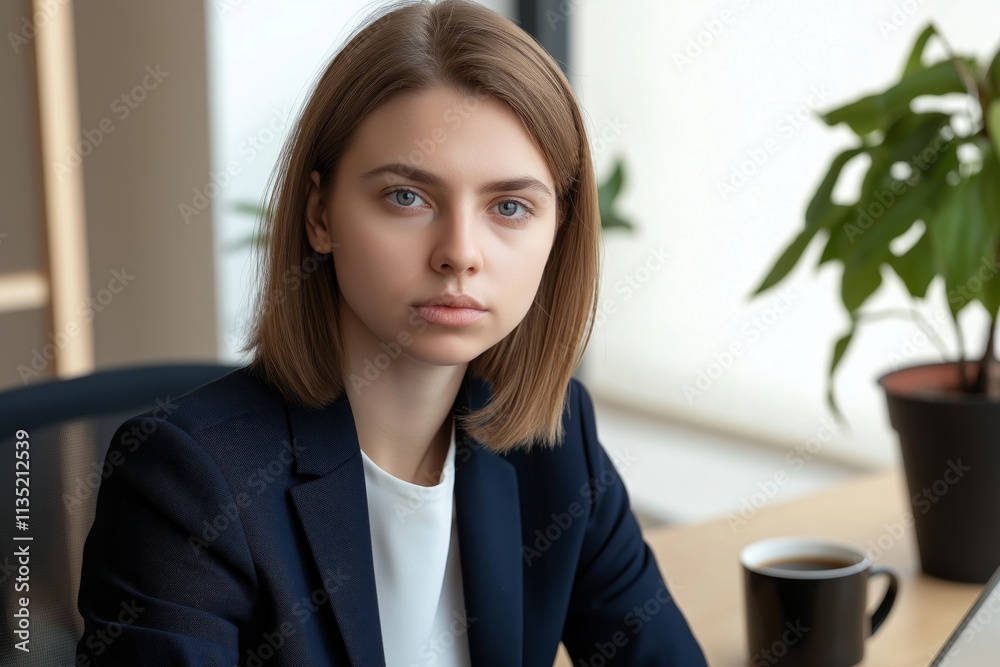 Focused businesswoman working diligently at her modern office desk Focused businesswoman working diligently at her modern office desk