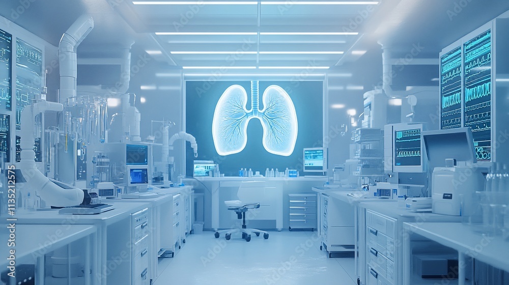Modern lab researching lung health with digital display. Modern lab researching lung health with digital display.