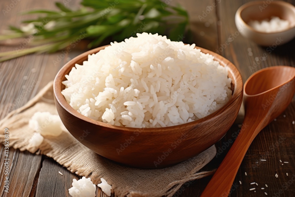 Bowl of Perfectly Cooked White Rice: A rustic wooden bowl filled with fluffy, freshly cooked white rice, accompanied by a wooden spoon and a sprig of rosemary. Bowl of Perfectly Cooked White Rice: A rustic wooden bowl filled with fluffy, freshly cooked white rice, accompanied by a wooden spoon and a sprig of rosemary.