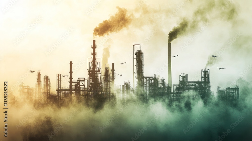 Industrial pollution smog over factory complex at sunset.