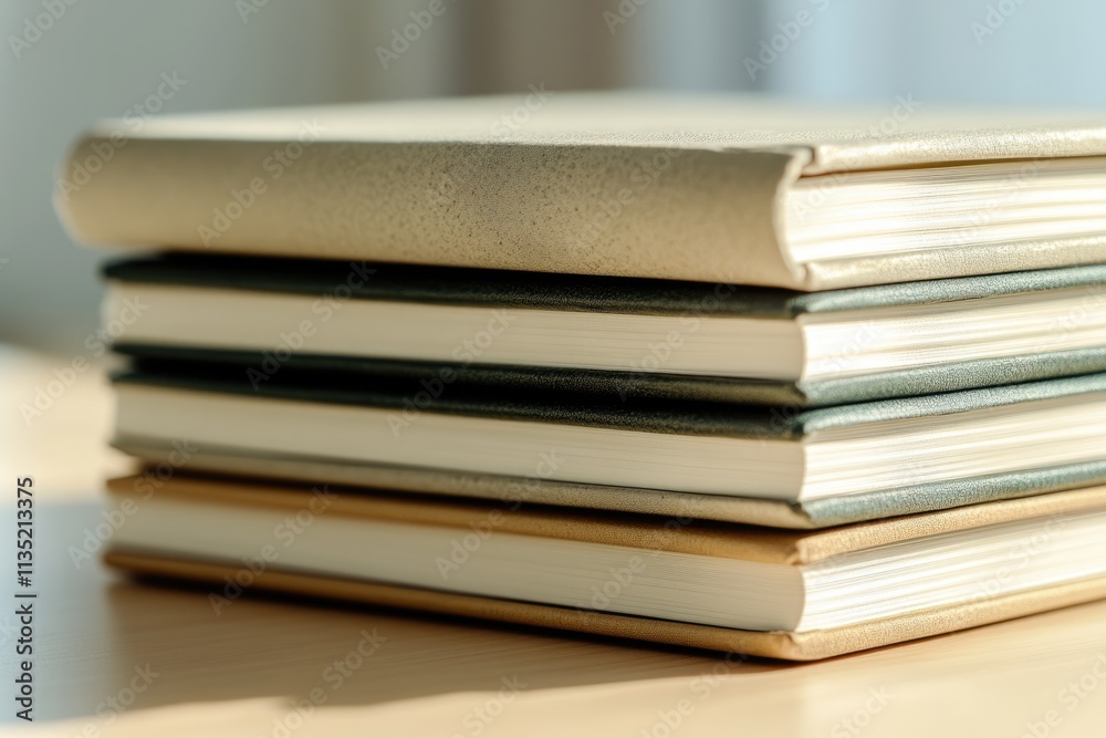 Stack of hardcover books in beige, green, and brown shades, bathed in sunlight. Stack of hardcover books in beige, green, and brown shades, bathed in sunlight.