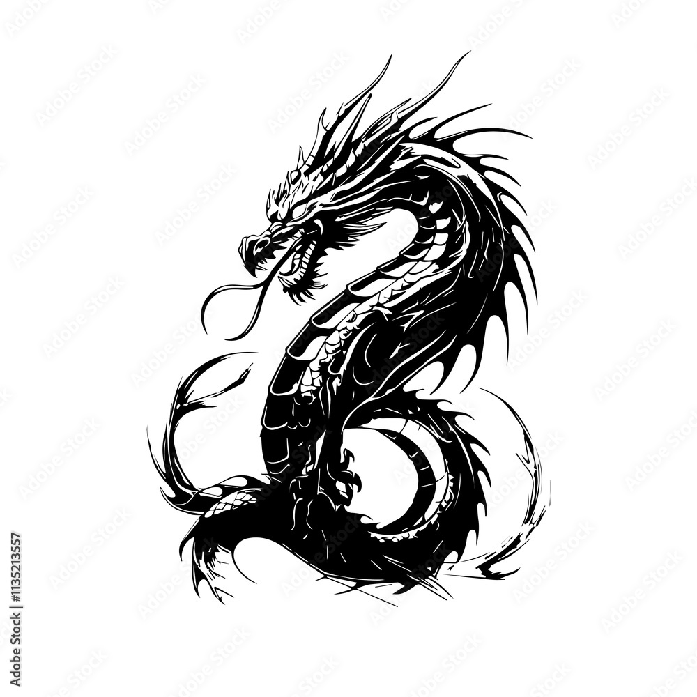 Chinese Dragon Silhouette, Chinese Zodiac, Horoscope Symbol on White Background. Isolated Black Silhouette Chinese Dragon Silhouette, Chinese Zodiac, Horoscope Symbol on White Background. Isolated Black Silhouette