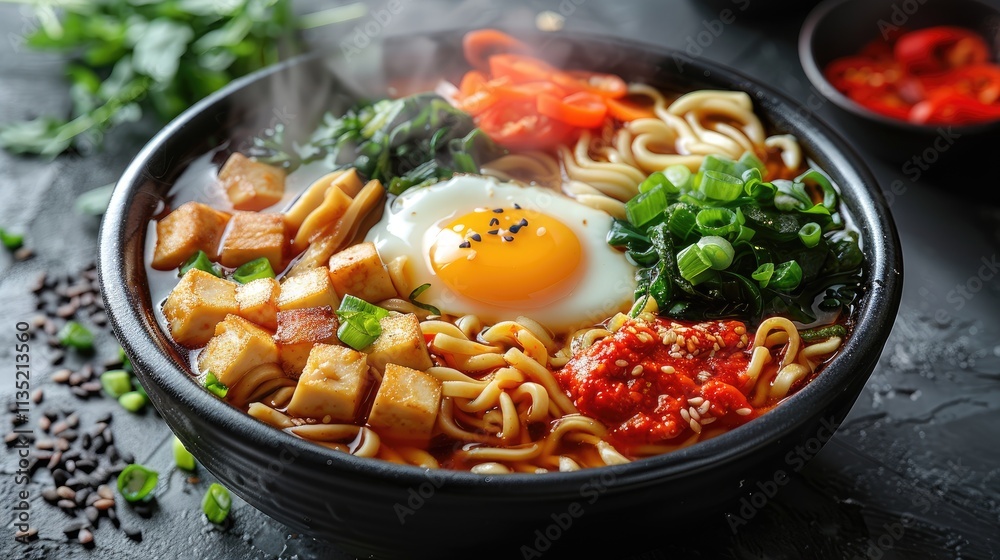 Asian noodle soup, ramen with chicken, tofu, vegetables and egg in black bowl. Slate background. Top view. Asian noodle soup, ramen with chicken, tofu, vegetables and egg in black bowl. Slate background. Top view.