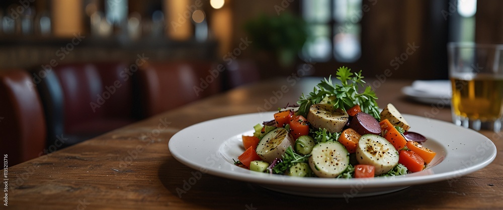 Rustic Restaurant Salad: A vibrant mixed green salad with roasted vegetables and a side of beer, captured on a rustic wooden table in a cozy restaurant setting. Rustic Restaurant Salad: A vibrant mixed green salad with roasted vegetables and a side of beer, captured on a rustic wooden table in a cozy restaurant setting.