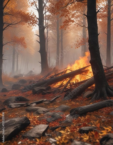 Scorching wildfire flames consuming fallen leaves in the woods, danger, wildfire