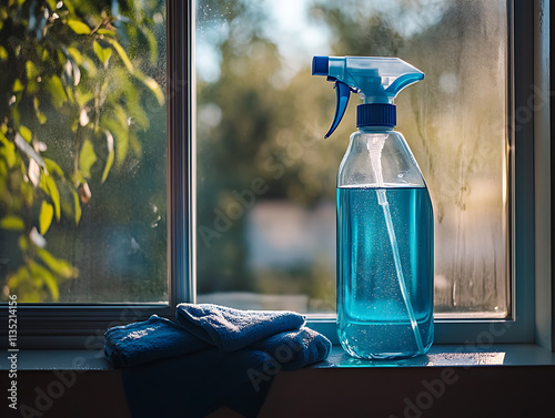 Bottle of glass cleaner and cloth
