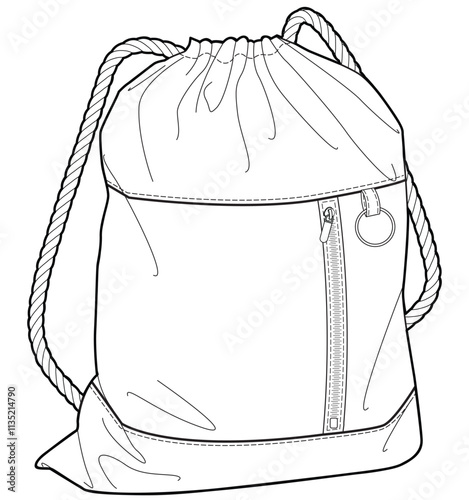 Drawstring duffle backpack flat sketch vector illustration technical cad drawing template