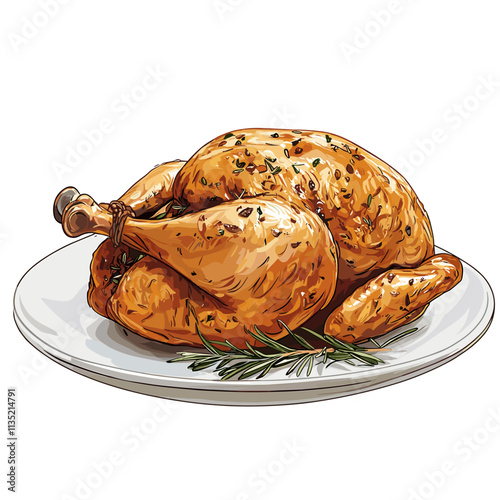 Roasted rotisserie whole chicken illustration