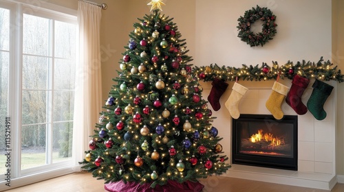 Festive Christmas tree in cozy living room with warm lighting