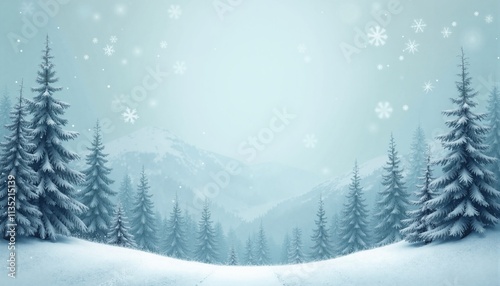 Snowy pine forest in winter landscape with falling snow