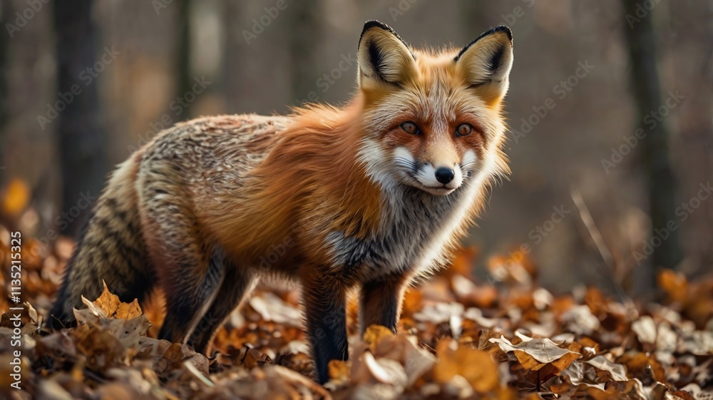 Red Fox close-up profile view resting on brown leaves and foliage and looking at camera in the spring season with blur background in its environment and habitat. Fox Image. Picture. Portrait. Red Fox close-up profile view resting on brown leaves and foliage and looking at camera in the spring season with blur background in its environment and habitat. Fox Image. Picture. Portrait.