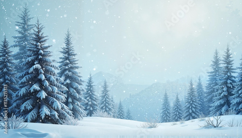 Snowy pine forest in winter landscape with falling snow