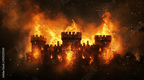 An ancient castle burning intensely with high towers, the orange flames lighting up the night as smoke rises in swirling patterns.