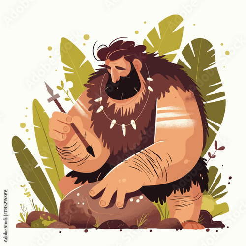 Vector illustration of a primitive man sharpening a stone