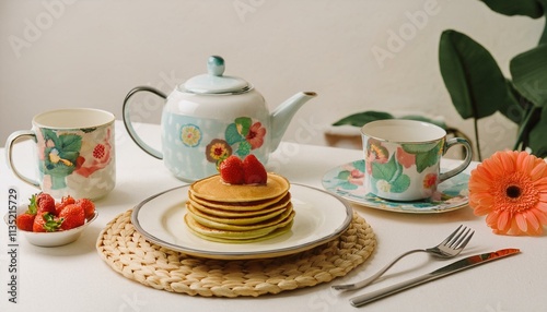 Wallpaper Mural 식탁 위에 놓인 플로럴 패턴의 접시와 팬케이크, 옆에는 과일 샐러드와 티포트 Torontodigital.ca
