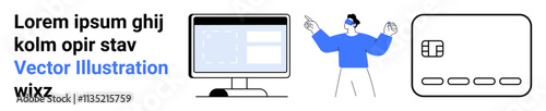 Desktop computer displaying software interface, person making illustration gestures, and a credit card icon. Ideal for tech, finance, software, design, payments, online services applications
