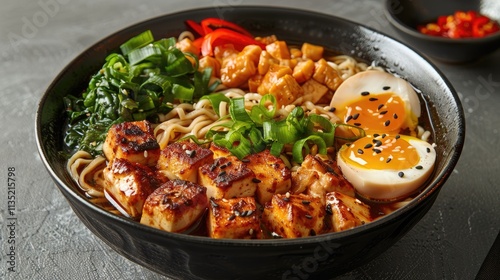 Asian noodle soup, ramen with chicken, tofu, vegetables and egg in black bowl. Slate background. Top view.