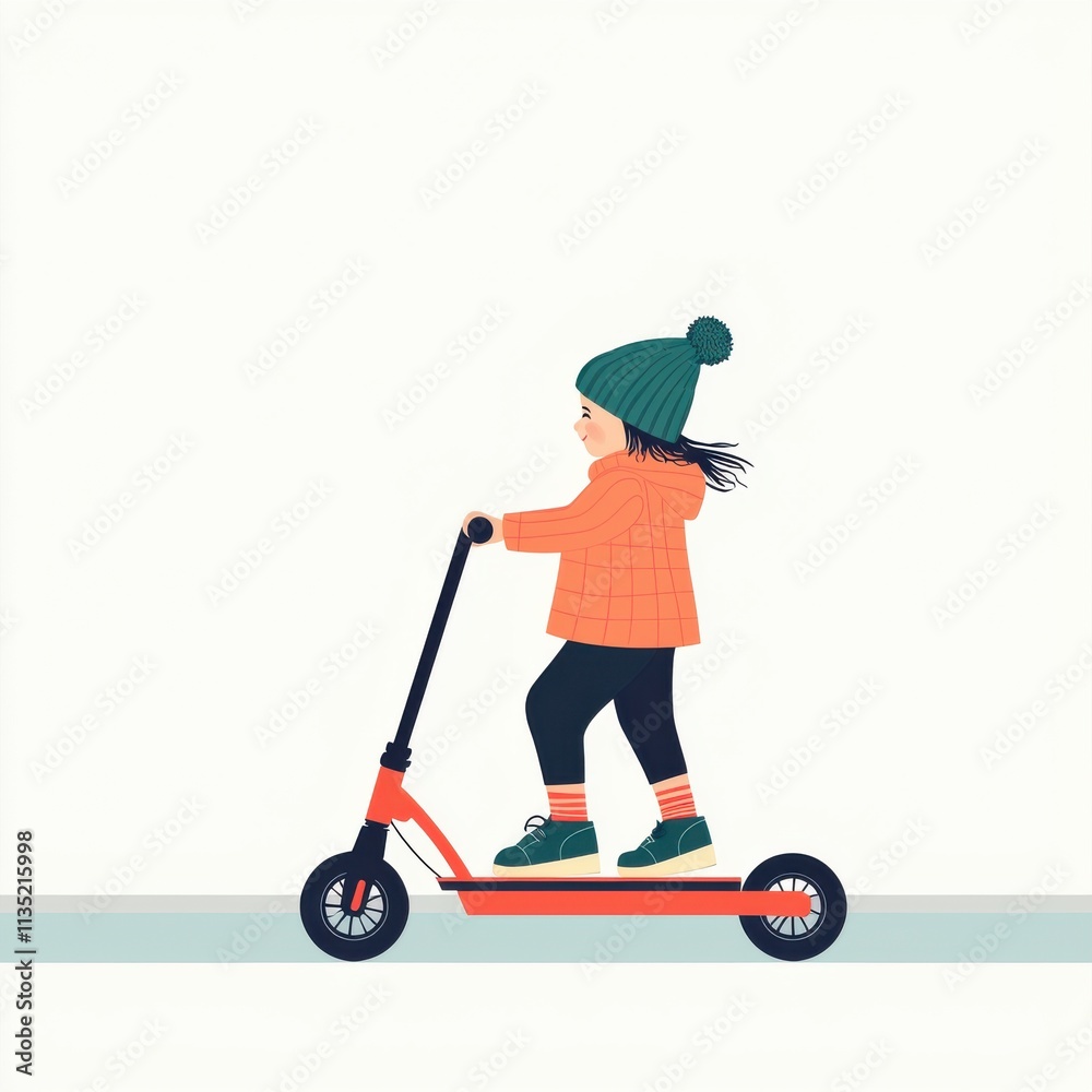 Child happily riding a scooter through a peaceful environment. Happy Sunday Life Concept. Child happily riding a scooter through a peaceful environment. Happy Sunday Life Concept.