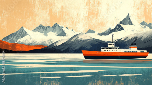 Retro travel poster of the Strait of Magellan, showcasing Punta Arenas' coastline and ocean with bold vintage colors