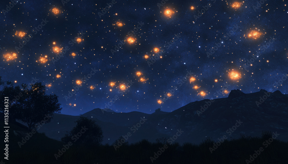Night Sky Landscape Stars Mountains Trees Dark Blue Celestial Magical Dreamy