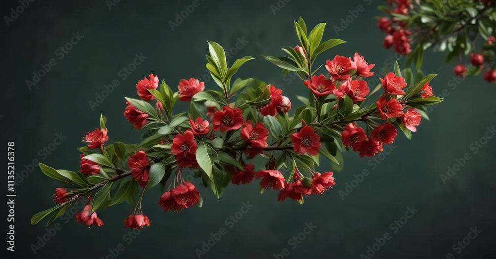 Small red flowers of laurel cherry tree against a dark green background , floral details, bright red flowers Small red flowers of laurel cherry tree against a dark green background , floral details, bright red flowers