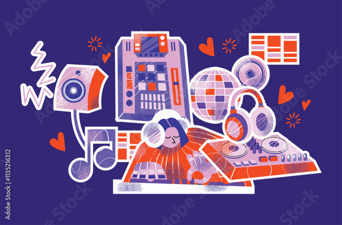 DJ equipment set including turntables, mixer, speakers, headphones, disco ball, and music isolated on background. Flat vector style illustration. Music and party concept