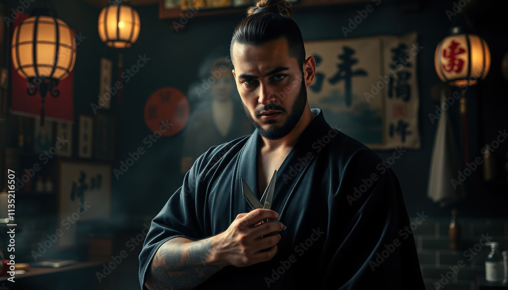 A man in samurai-inspired attire, wearing a kimono and tattoos, sharpens scissors in a dimly lit traditional Japanese room. The setting combines mysticism, tradition, and modern barbering artistry. A man in samurai-inspired attire, wearing a kimono and tattoos, sharpens scissors in a dimly lit traditional Japanese room. The setting combines mysticism, tradition, and modern barbering artistry.