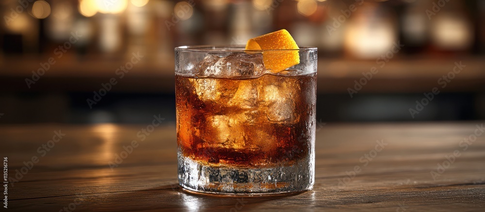 Old fashioned cocktail in rocks glass with ice and orange twist on wooden bar. Old fashioned cocktail in rocks glass with ice and orange twist on wooden bar.