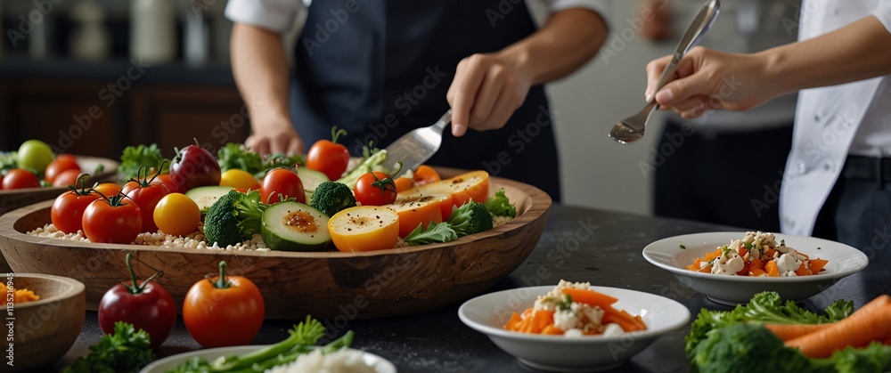 Culinary Art of Freshness: A close-up shot of two skilled chefs meticulously arranging a vibrant assortment of fresh vegetables in a wooden bowl. Culinary Art of Freshness: A close-up shot of two skilled chefs meticulously arranging a vibrant assortment of fresh vegetables in a wooden bowl.