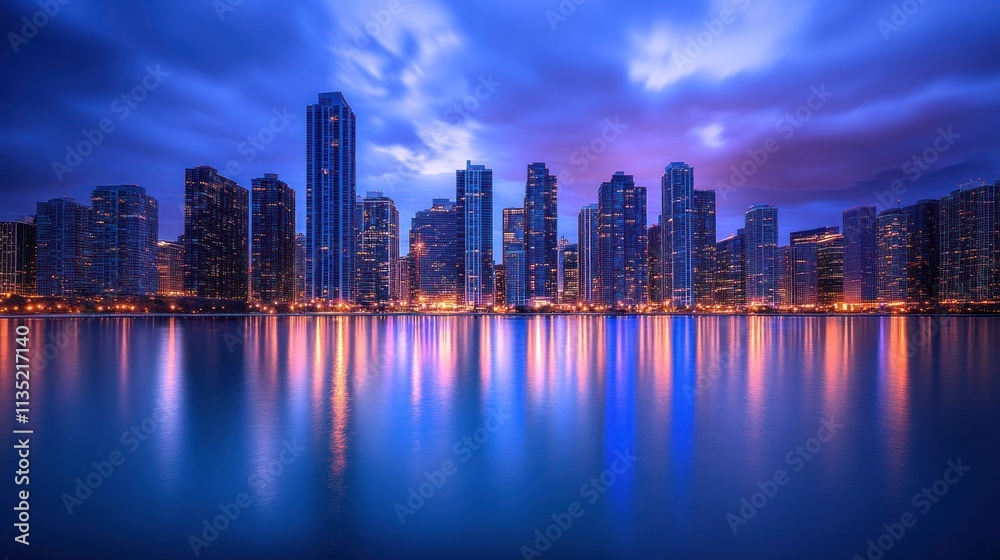 City skyline reflecting in calm water at twilight. City skyline reflecting in calm water at twilight.