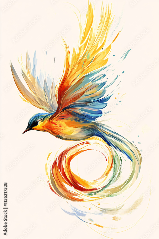 Obraz premium Illustration of a soaring bird formed from flowing brushstrokes, with abstract wings spreading into colorful swirls.