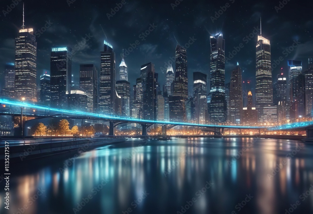 Obraz premium City landscape at night with blurred lights creating a swirling abstract bokeh effect on a bright blue background , blue, evening