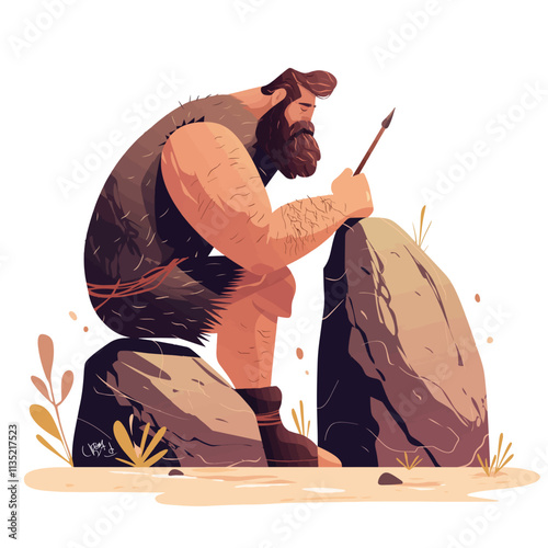 Vector illustration of a primitive man sharpening a stone