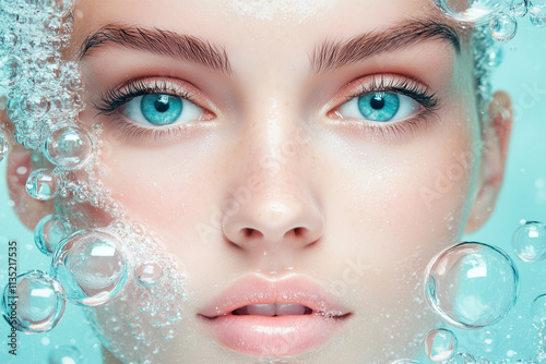 woman's face is surrounded by bubbles in a bathtub. The bubbles are blue and white, and they create a playful and fun atmosphere. The woman's face is the main focus of the image