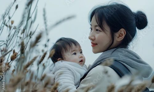 Connection flourishes as a mother cradles her baby, surrounded by natures gentle hues. Their serene expression reflects peace and emotional warmth.