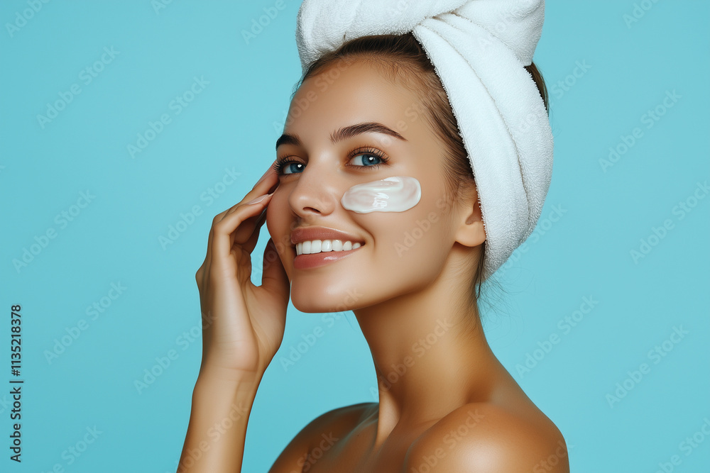 woman is smiling and applying makeup to her face. She is wearing a white towel around her head woman is smiling and applying makeup to her face. She is wearing a white towel around her head