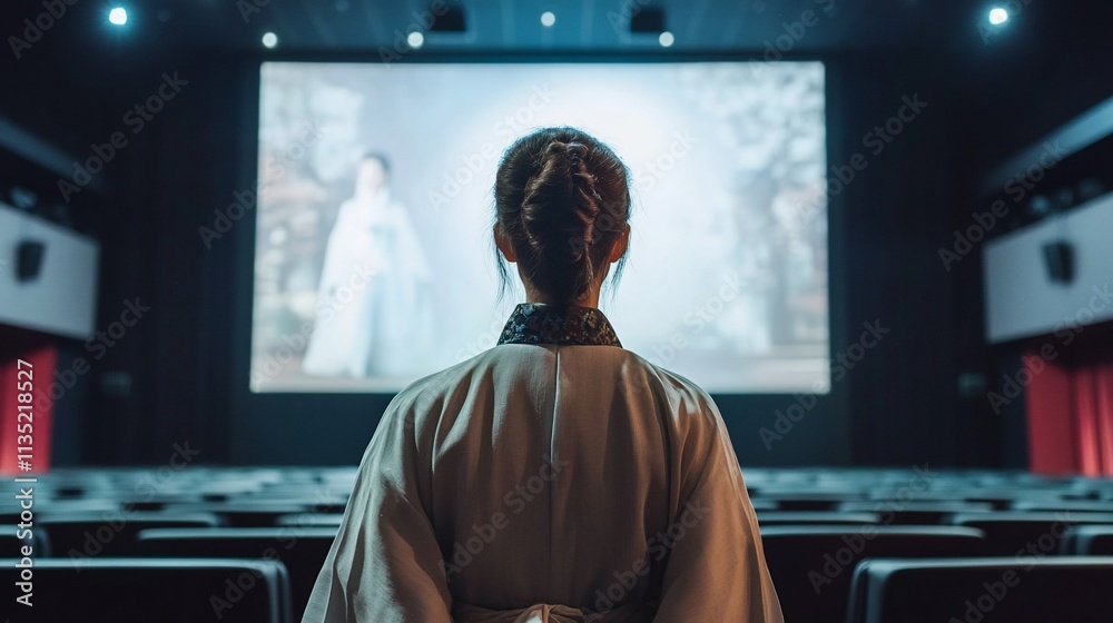 Woman in traditional clothing watching a movie in an empty cinema. Woman in traditional clothing watching a movie in an empty cinema.