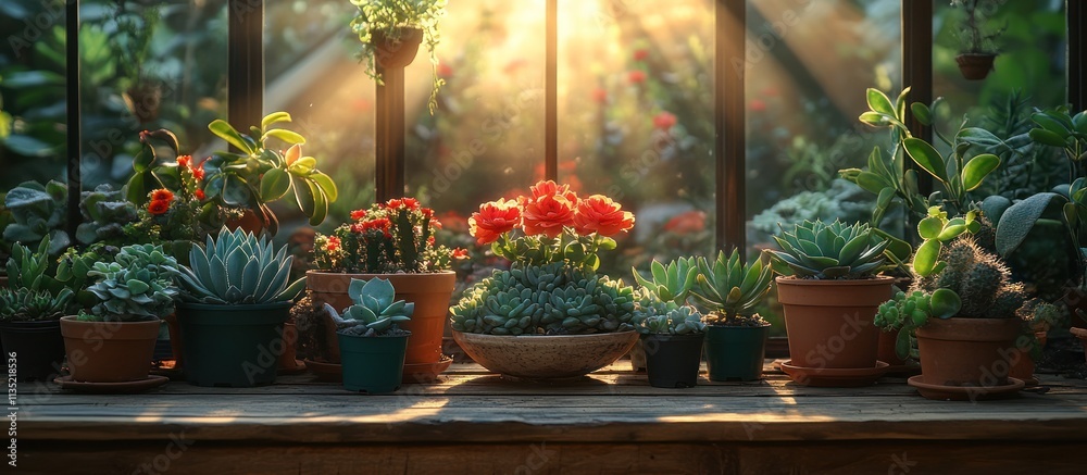 Sunlit Greenhouse Window Sill with Succulents and Flowers. Sunlit Greenhouse Window Sill with Succulents and Flowers.