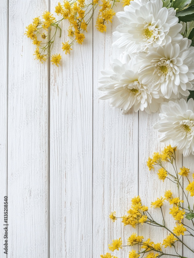 Fototapeta premium white chrysanthemum and yellow coltsfoot on white wooden background