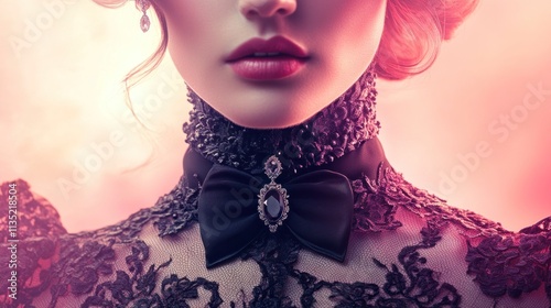 Close-up of a woman's elegant, vintage-style lace collar with a black bow tie.