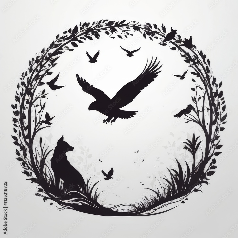 Fototapeta premium Silhouettes of a wolf, eagle, and birds in a circular forest frame.