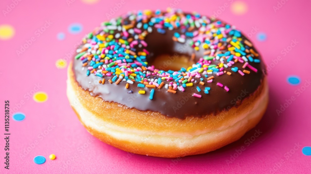 Delicious chocolate frosted donut with colorful sprinkles on a pink background.