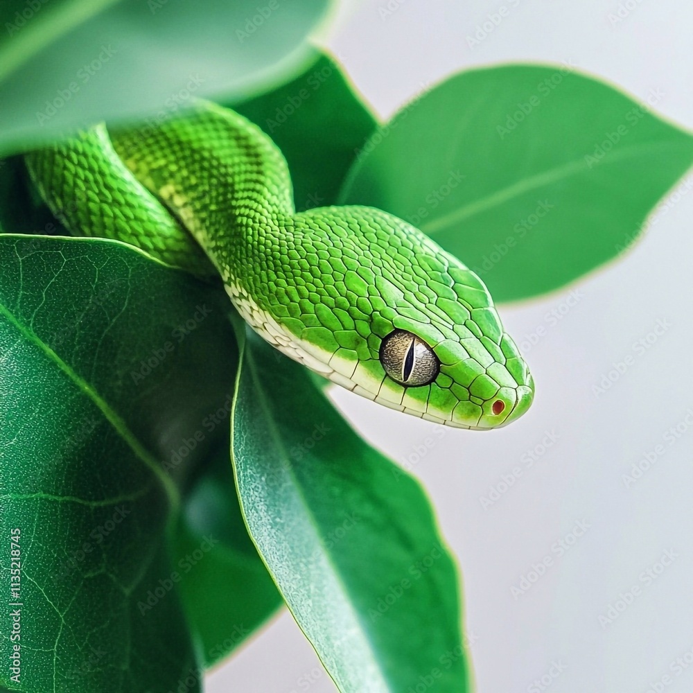 Green tree python, Green snake in green fresh leaves on white ...