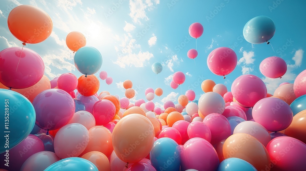 Joyful Celebration Hundreds of Colorful Balloons Floating Against a Sunny Sky - Perfect for Birthday, Party, and Festive Designs Joyful Celebration Hundreds of Colorful Balloons Floating Against a Sunny Sky - Perfect for Birthday, Party, and Festive Designs