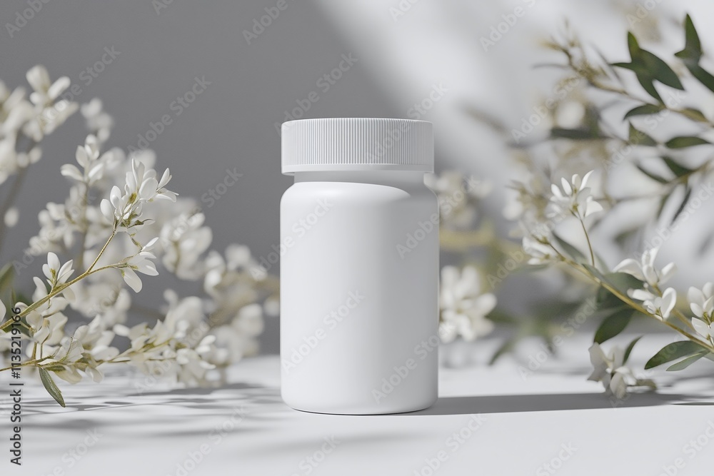 a blank white supplement bottle mockup on background with white flowers, minimalistic
