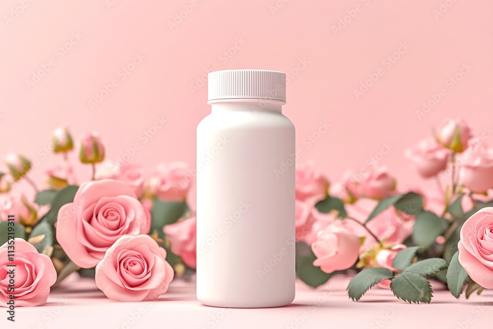 a blank white supplement bottle mockup on background with roses a blank white supplement bottle mockup on background with roses