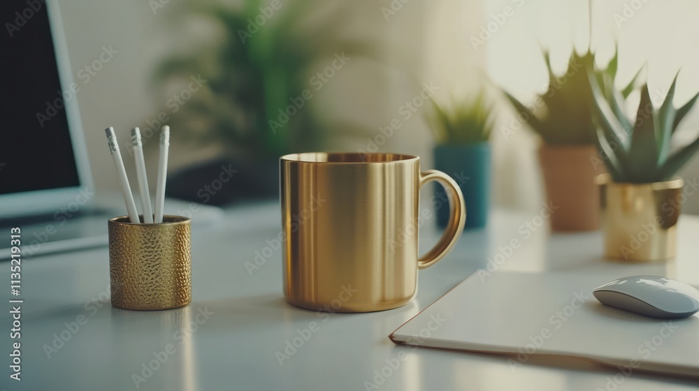 Modern workspace with gold mug, pencils, and plants. Modern workspace with gold mug, pencils, and plants.