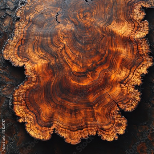 High-Resolution Close-up of Polished Wood Slice with Intricate Growth Rings and Cracked Surface on Black Background.