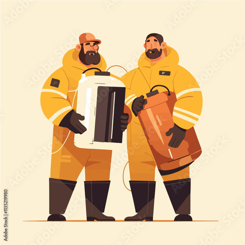 Illustration of several people in isolation and protective clothing, in vector format