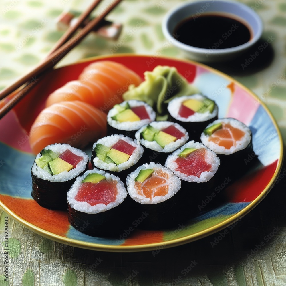 A colorful plate of mixed sushi rolls with assorted fillings such as tuna, salmon, avocado A colorful plate of mixed sushi rolls with assorted fillings such as tuna, salmon, avocado